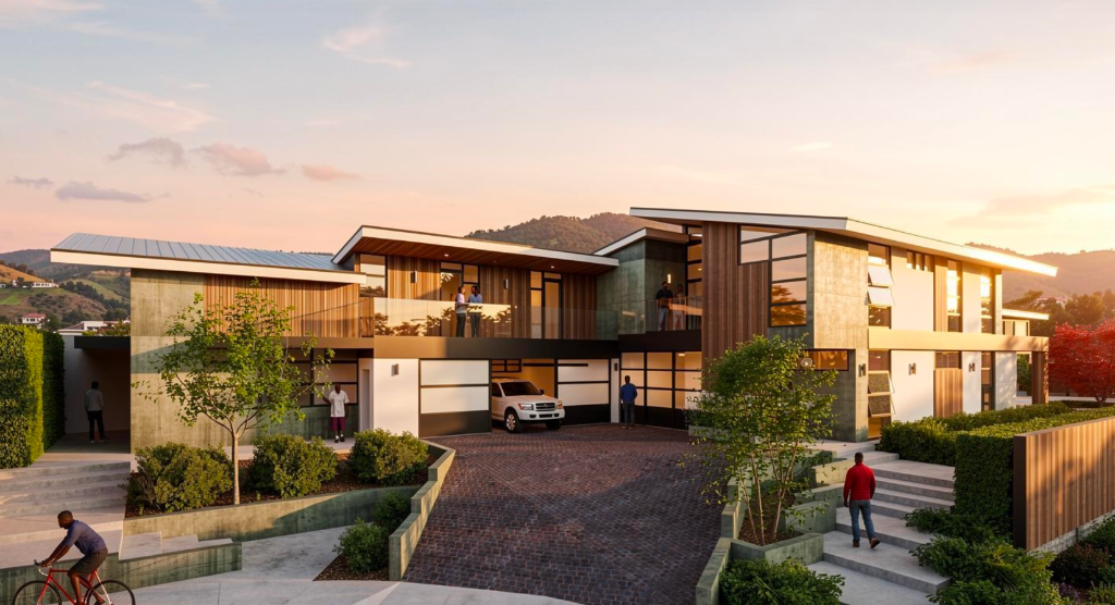Modern residential architecture rendering by Milton 1 Design Studio featuring a contemporary multi-structure home at sunset with landscaped grounds
